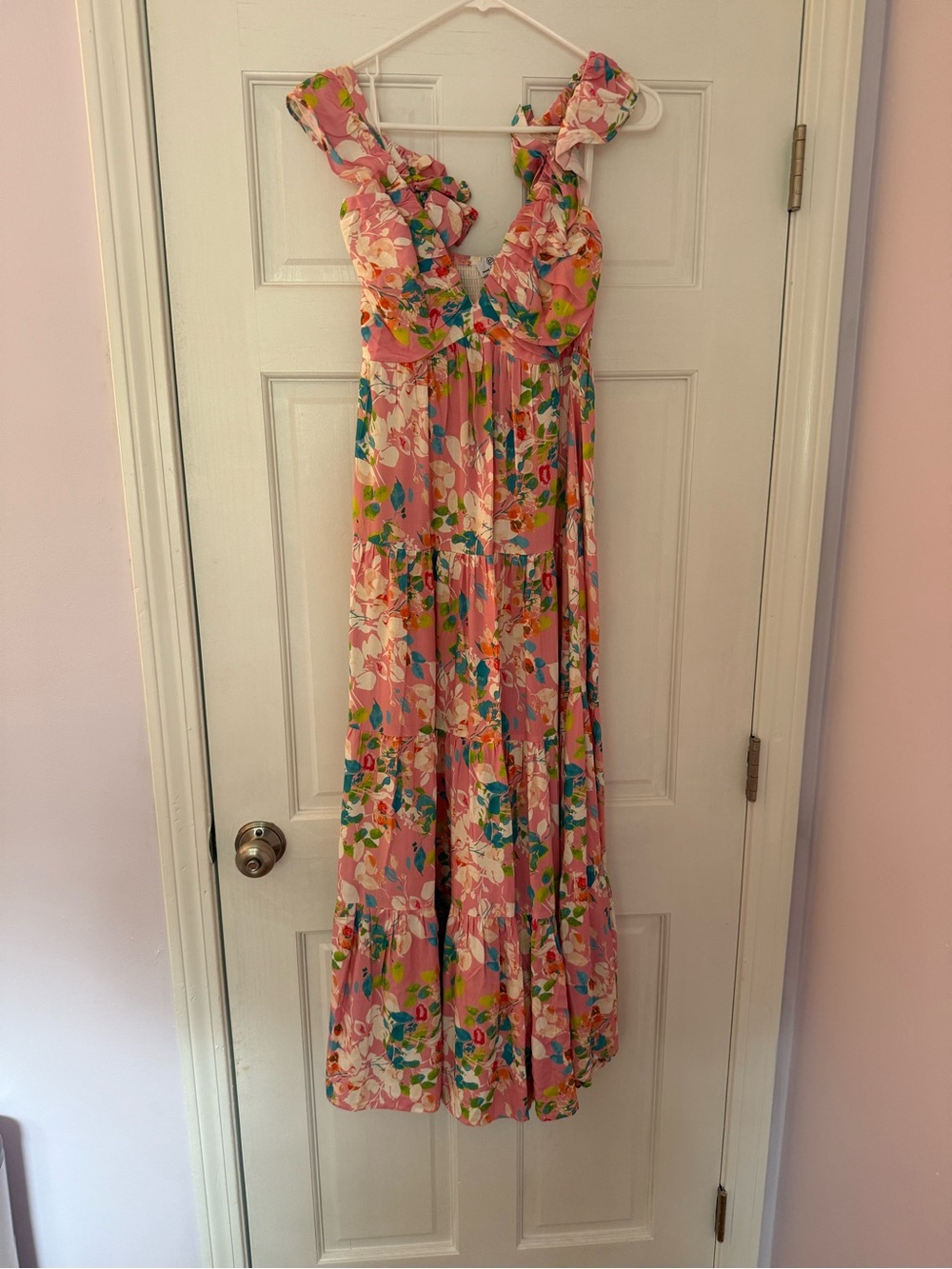 Pink Floral Maxi Dress with Ruffle Straps